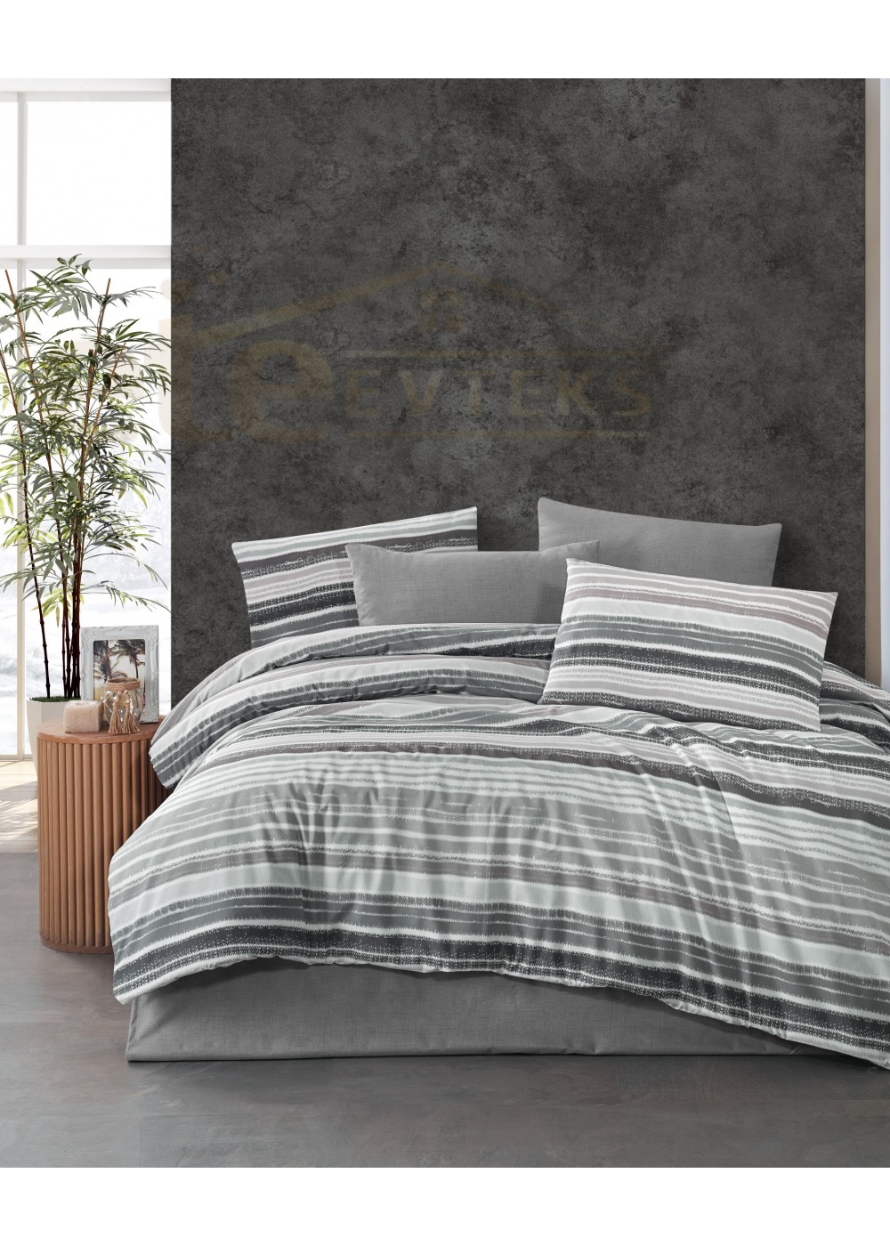 ETEHOMETEX Tek Kişilik Ranforce Pamuklu Lastikli Çarşaflı Nevresim Takımı TASEL GRİ 8696474232049